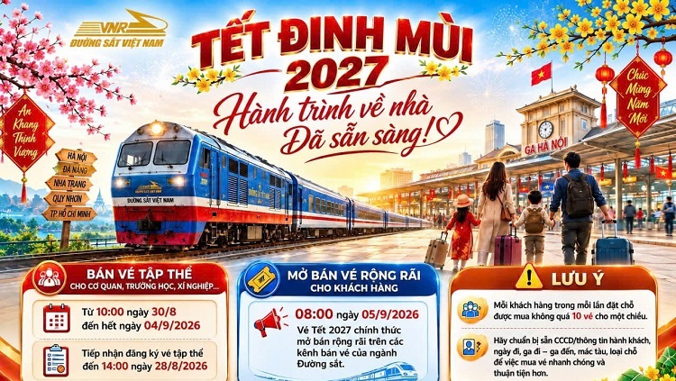 Đường sắt Việt Nam mở bán vé tàu Tết Nguyên Đán Đinh Mùi 2027 từ 30/8